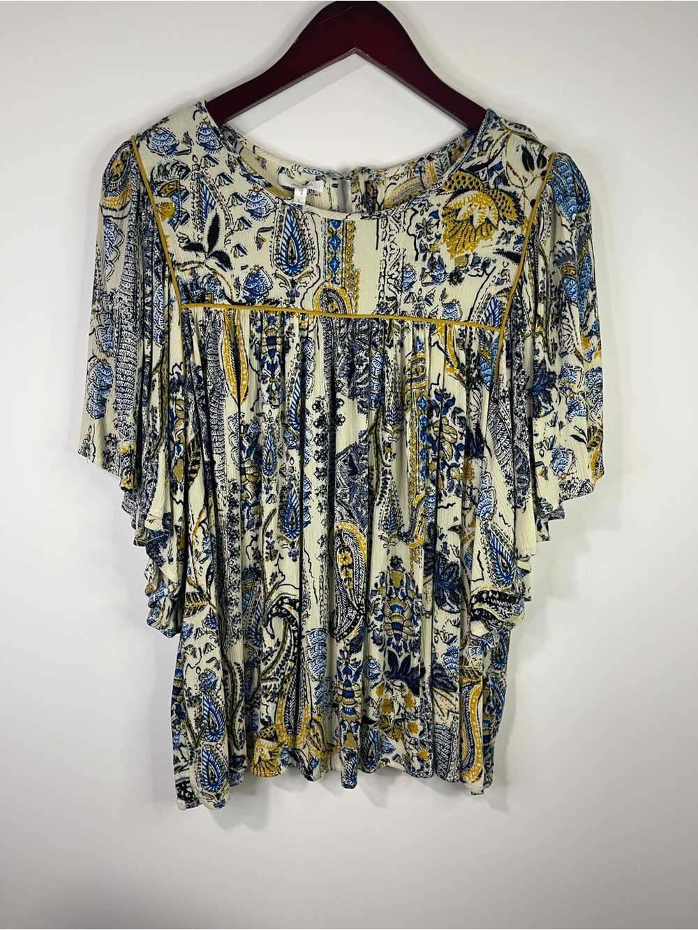 Maurices Cream Paisley Flutter-Sleeve Blouse with Blue & Yellow Accents